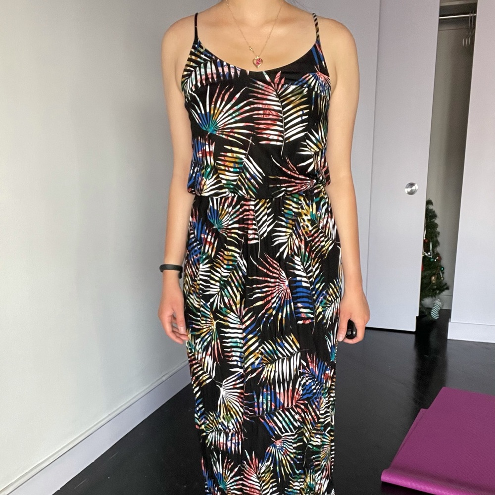 Black palm print tropical maxi dress
